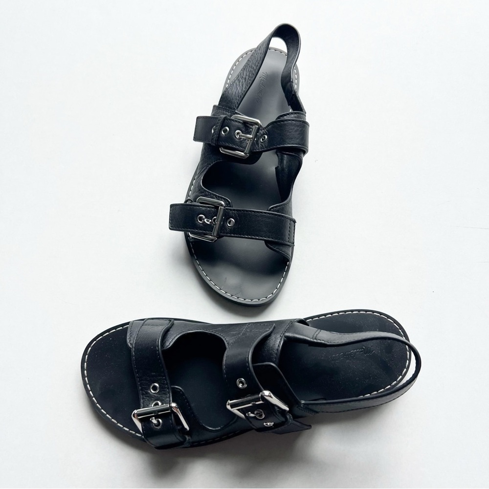 Madewell Double Strap Sling Back Sandals Buckle Leather Black Flats
